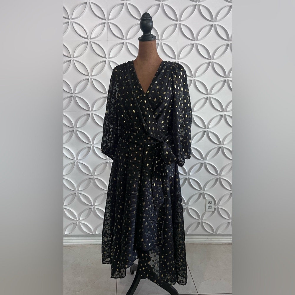 DKNY Black Gold Metallic Wrap Midi Dress NWT Size 14 — Retails $129